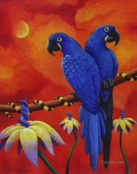 perroquets dans les oiseaux de fond rouge Peinture à l'huile